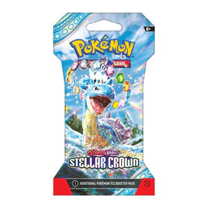 Pokémon Stellar Crown trading card game booster pack on a white background