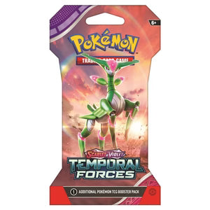 Pokémon Temporal Forces figure packaging with a green character on a colorful background